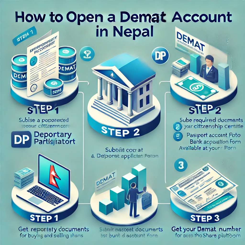 Infographic showing steps to open a DEMAT account in Nepal.