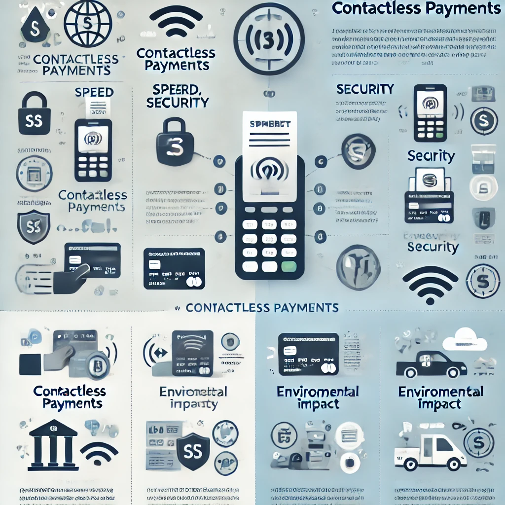 An infographic summarizing the benefits of contactless payments, like speed, security, and environmental impact.